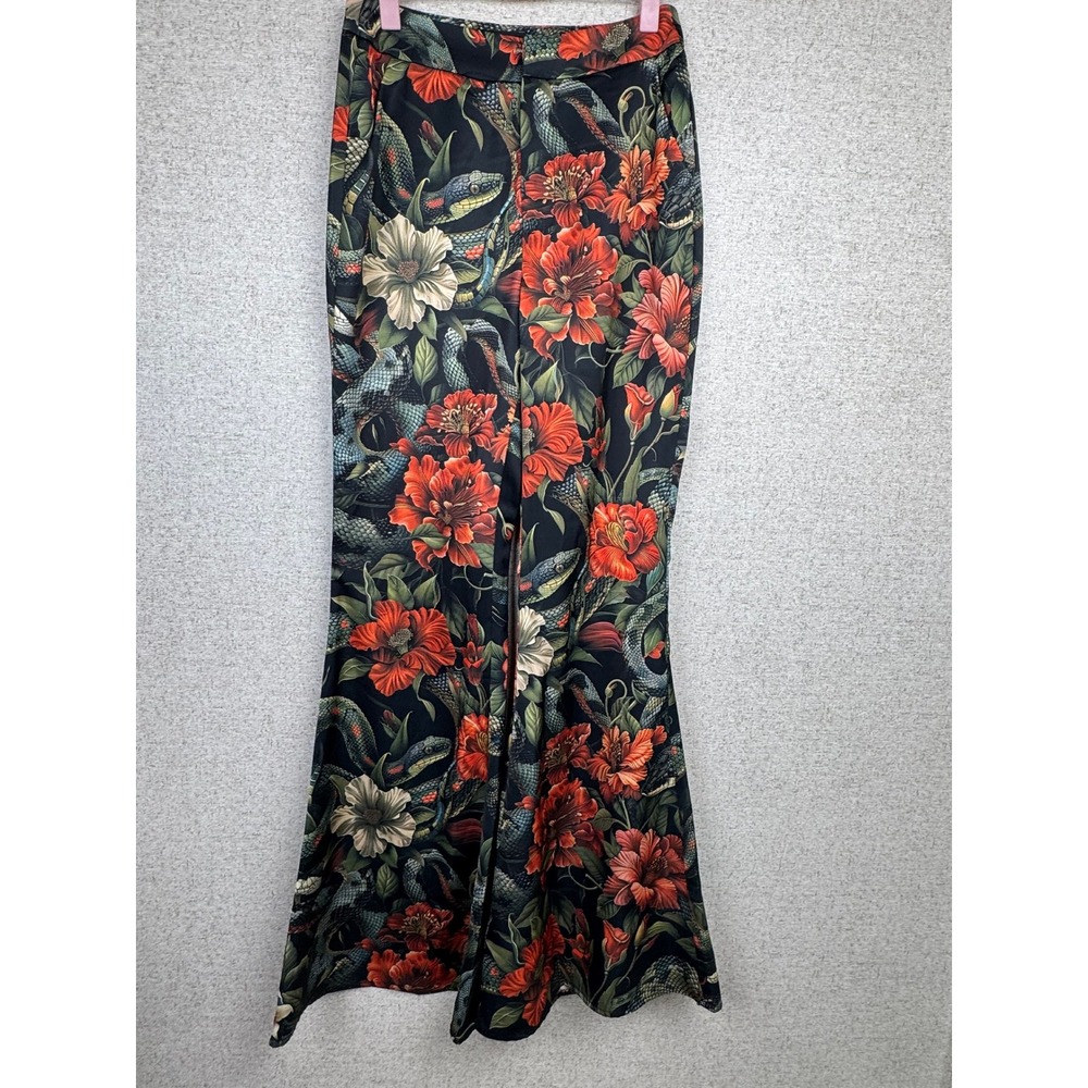 AKIRA Snake and Floral Print Flare Trousers — Size S — Black Red Green